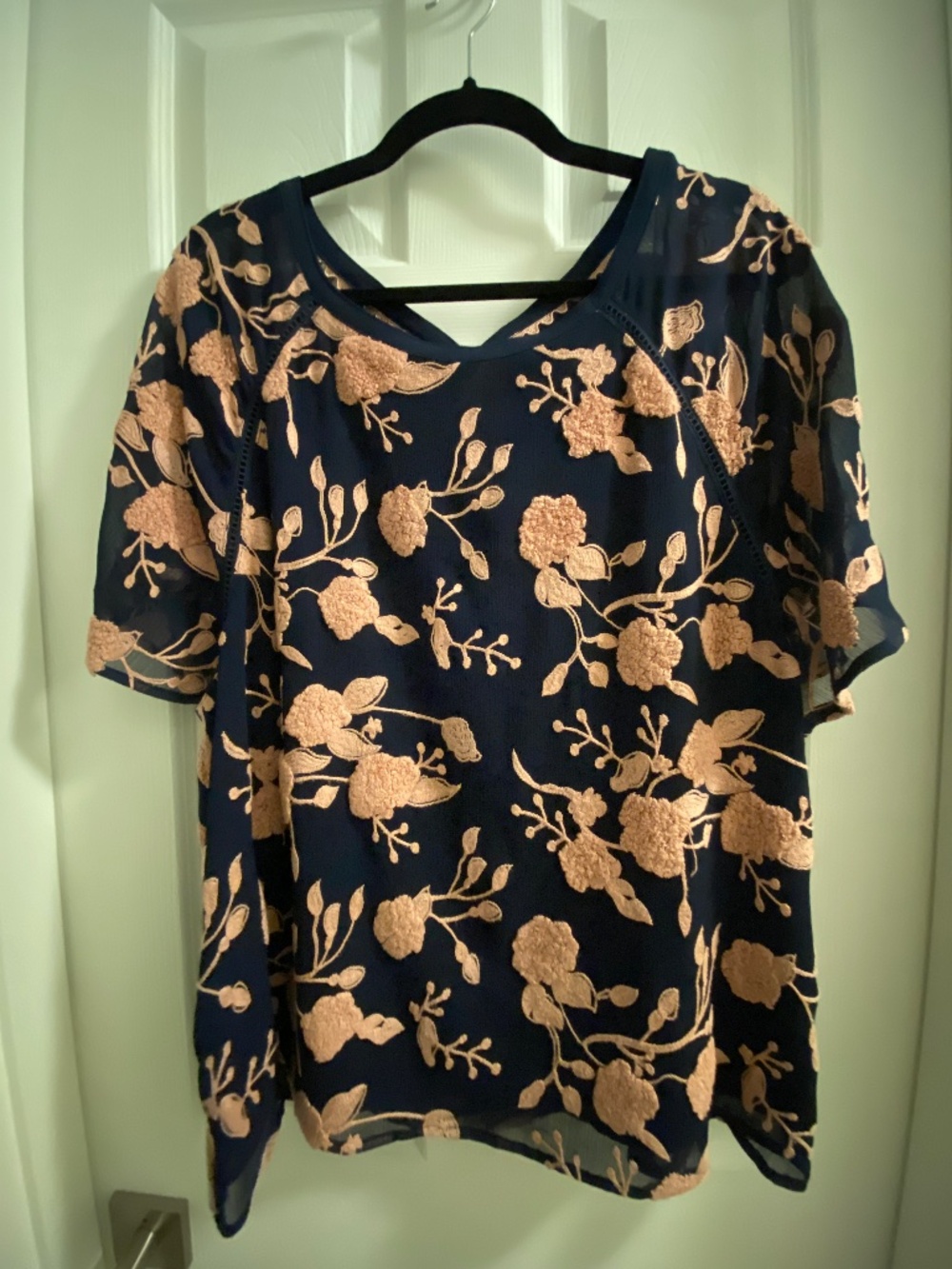 Anthropologie Maeve Embroidered Blouse-Pink Florals-Navy Blue XL